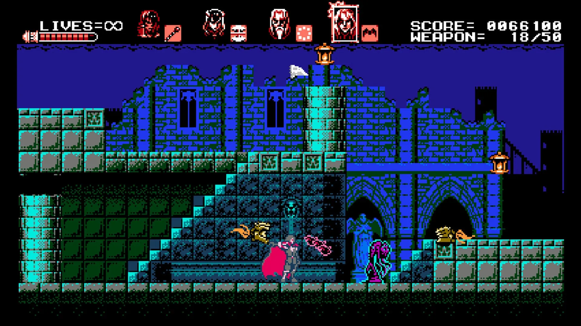 alt text: Bloodstained: Curse of the Moon gameplay screenshot showcasing in-game action with multiple enemies and environmental details