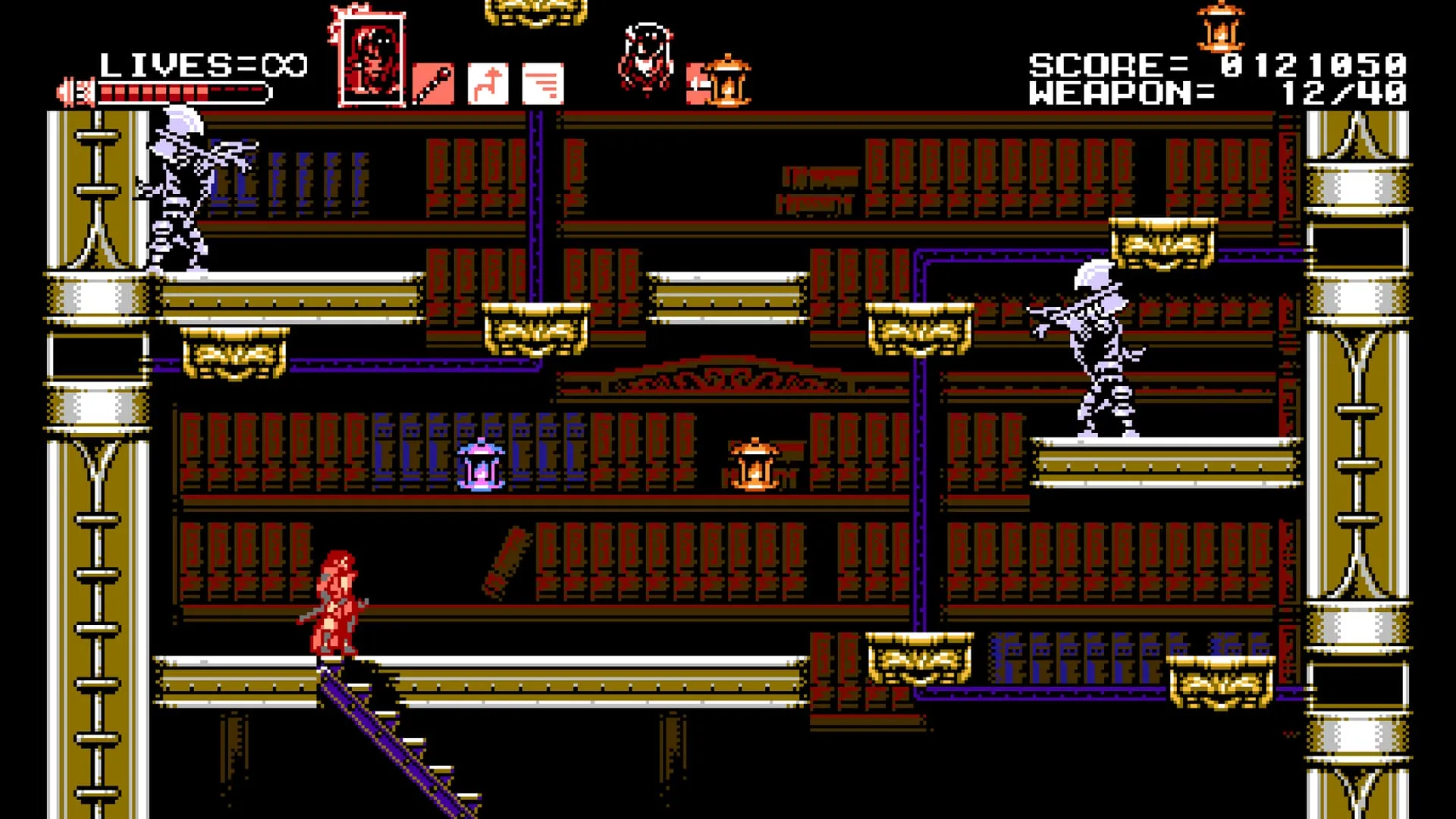 alt text: Bloodstained: Curse of the Moon gameplay screenshot showcasing the character selection screen with four different characters