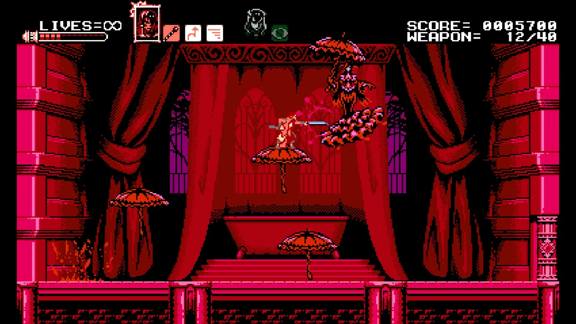 alt text: Bloodstained: Curse of the Moon gameplay screenshot showing 8-bit graphics and a character wielding a sword
