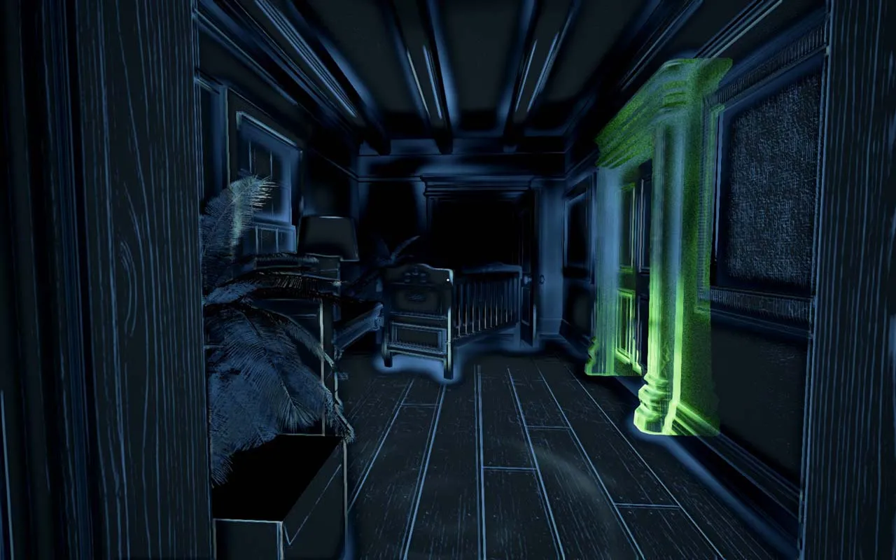 alt text: Cassie, the blind protagonist, explores a dark and ominous hallway using echolocation in the horror game Perception.