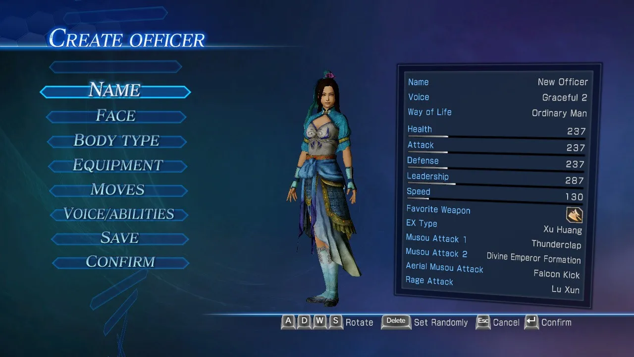 alt text: Character creation screen in Dynasty Warriors 8 Empires, showcasing customization options.
