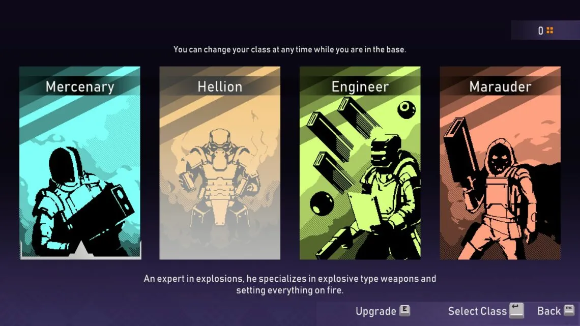 alt text: Character selection screen in Orbital Bullet.