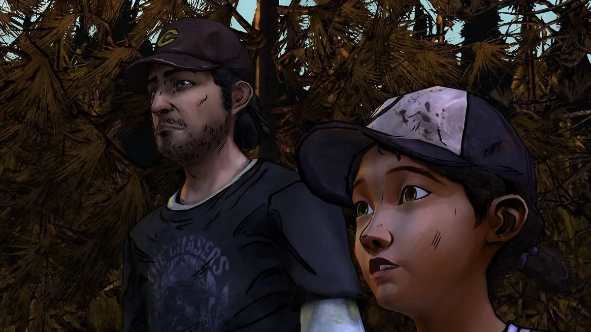 alt text: Clementine interacting with a new character in The Walking Dead Season Two.