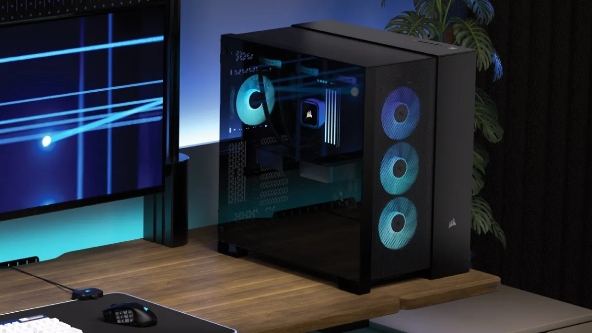 alt text: Close-up view of the CORSAIR 2500 series dual-chamber PC case highlighting its compact size and cable management options.