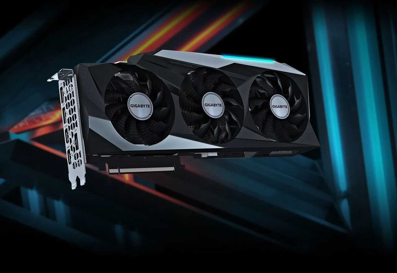 alt text: Close-up view of the GIGABYTE GeForce RTX 3080 GAMING OC 12G graphics card, highlighting its WINDFORCE 3X cooling system and design.