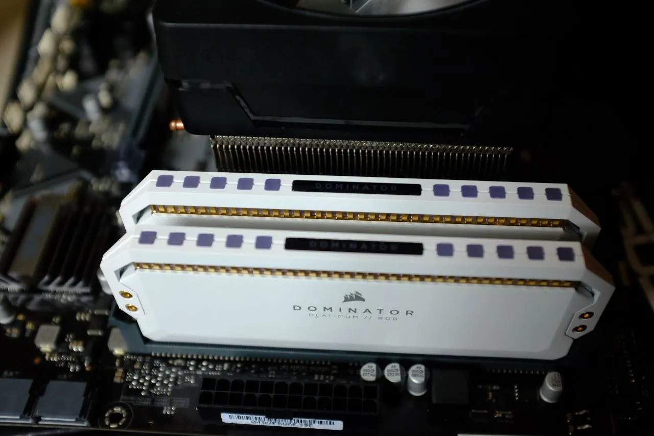 alt text: Comparison of the Corsair Dominator Platinum RGB White Edition RAM's size with other PC components.