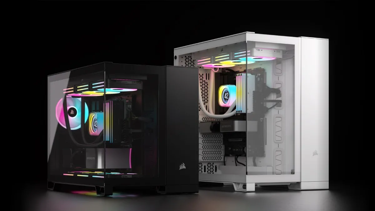 alt text: CORSAIR 6500 series dual-chamber PC case showcasing its spacious interior and cable management features.