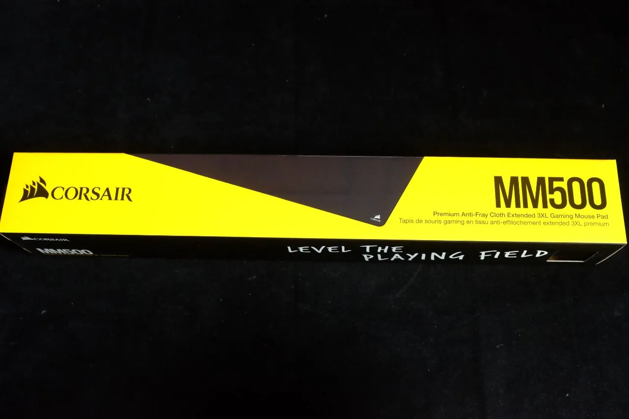 alt text: Corsair MM500 3XL mouse pad in its packaging.