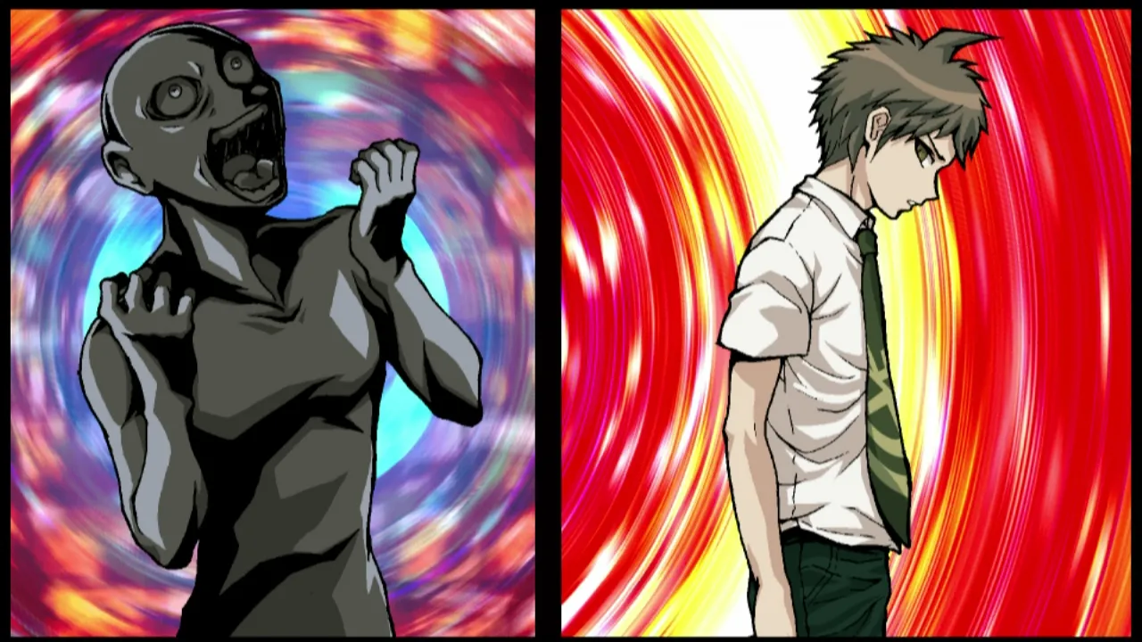 alt text: Danganronpa 2 character sprites during a tense moment in the game