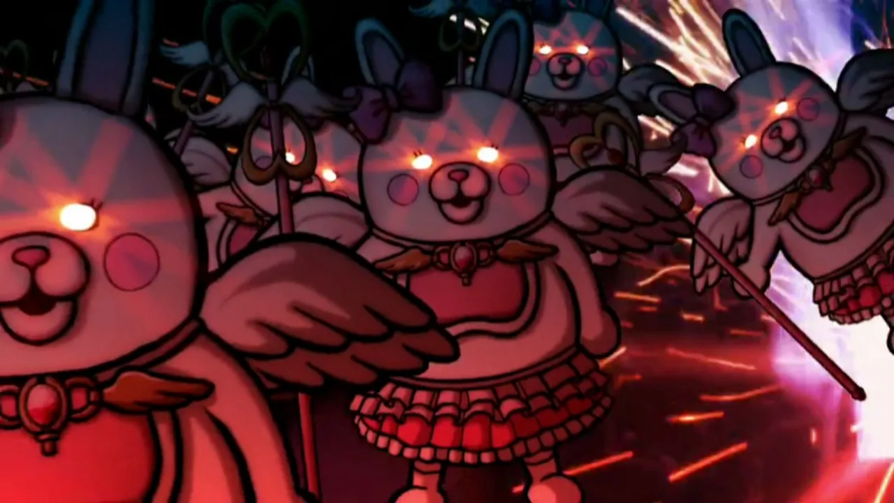 alt text: Danganronpa 2 character sprites interacting on the tropical island