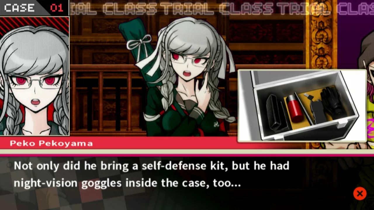 alt text: Danganronpa 2 gameplay screenshot depicting the Class Trial interface