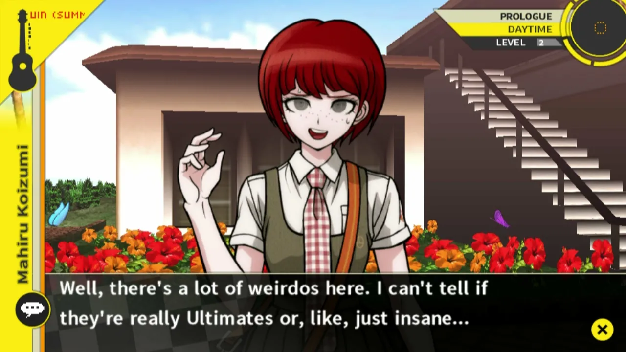 alt text: Danganronpa 2 gameplay screenshot showcasing the investigation phase