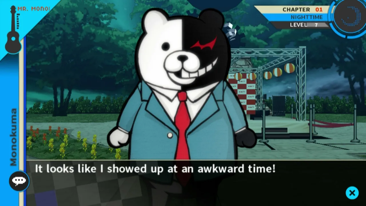 alt text: Danganronpa 2 screenshot showing characters interacting in a classroom setting