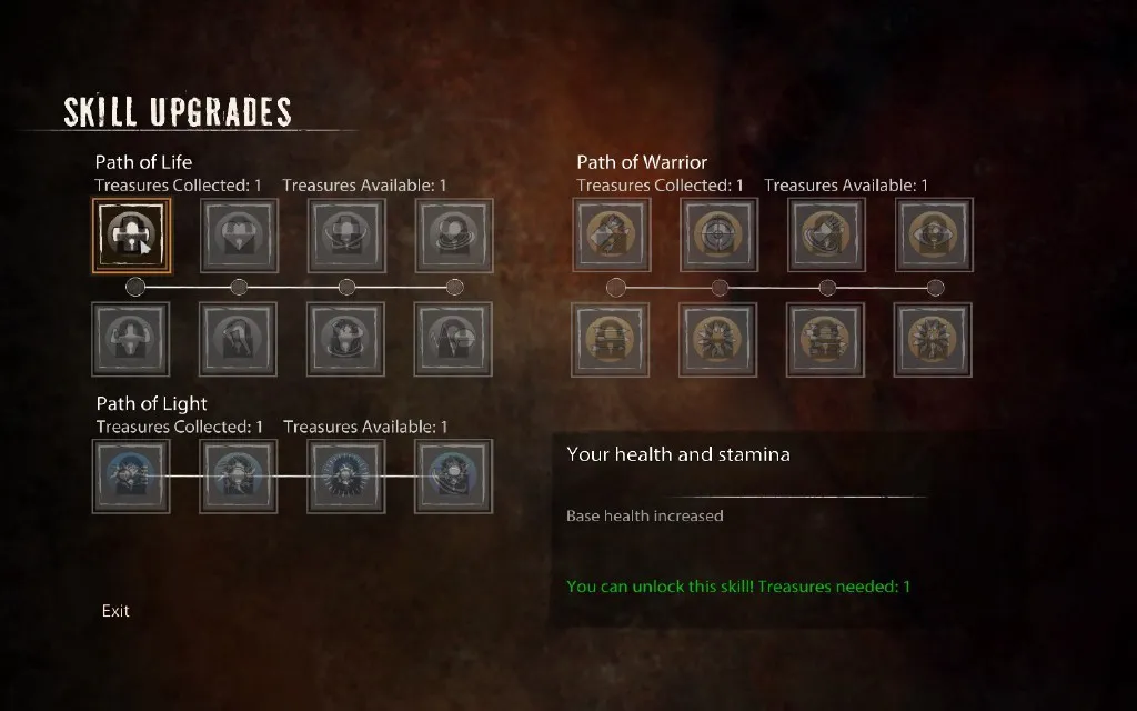 alt text: Deadfall Adventures character upgrade screen showcasing the different upgrade paths.