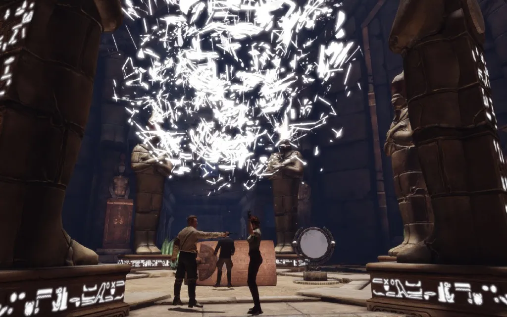alt text: Deadfall Adventures combat against mummies using the flashlight mechanic.