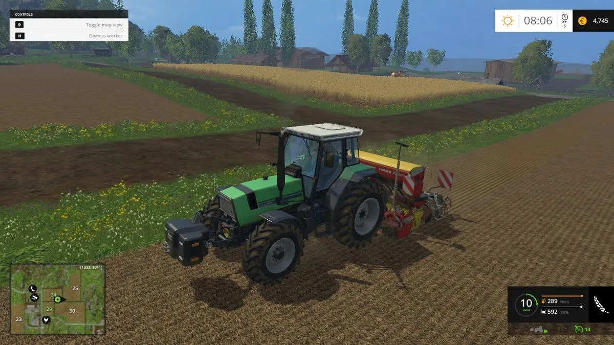 alt text depicting a gameplay scene in Farming Simulator 15 showcasing the farming equipment and the overall graphical quality