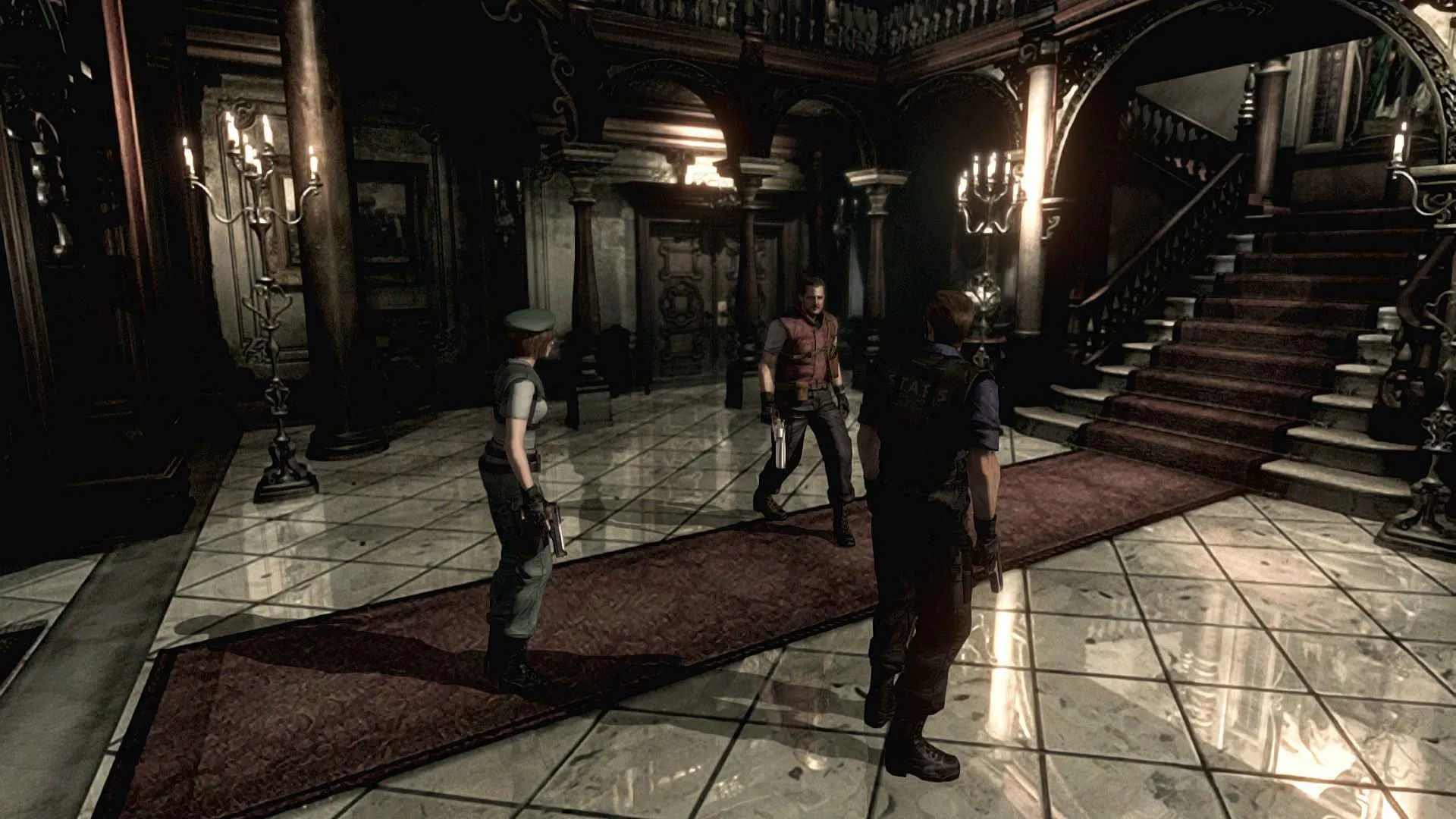 alt text depicting a zombie dog attacking Jill Valentine in the mansion's courtyard