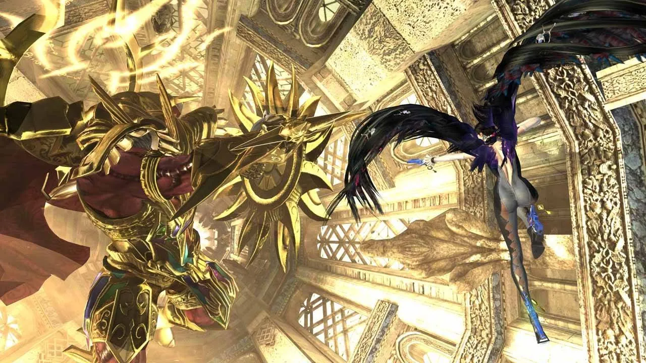 alt text depicting Bayonetta fighting a large angelic enemy amidst a chaotic backdrop