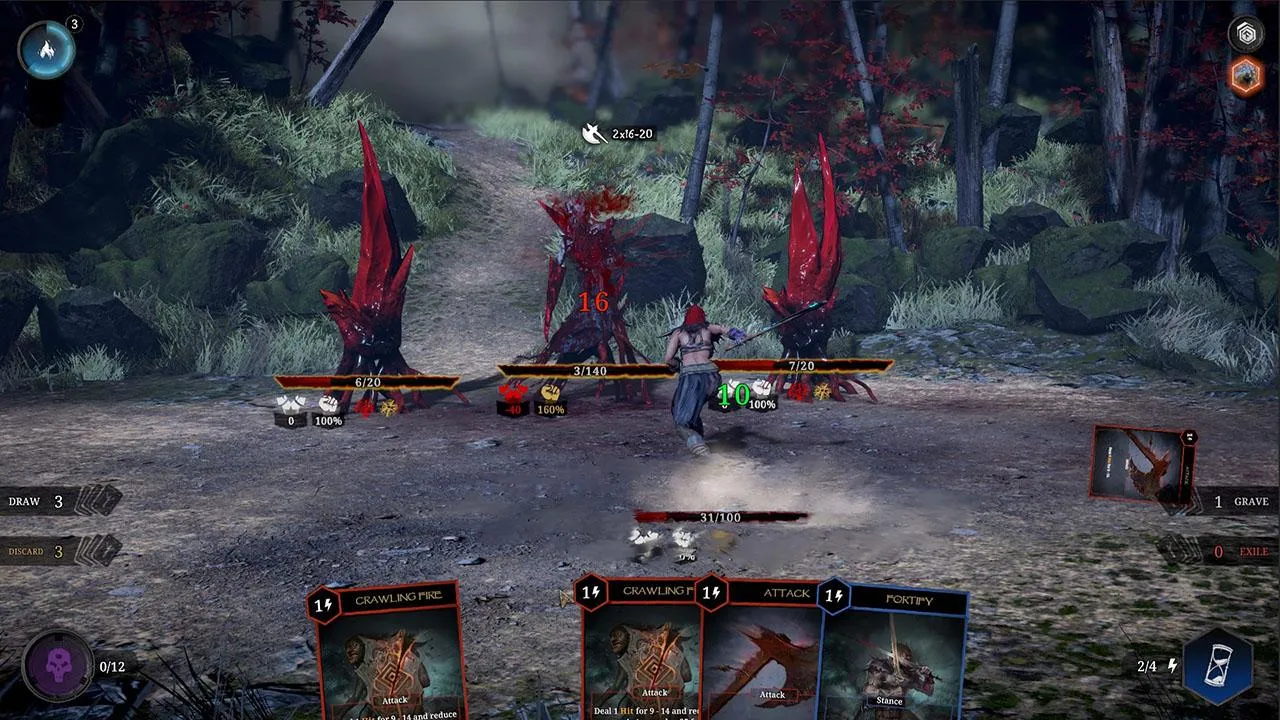 alt text depicting combat in Tainted Grail: Conquest, showing card usage and enemy interaction