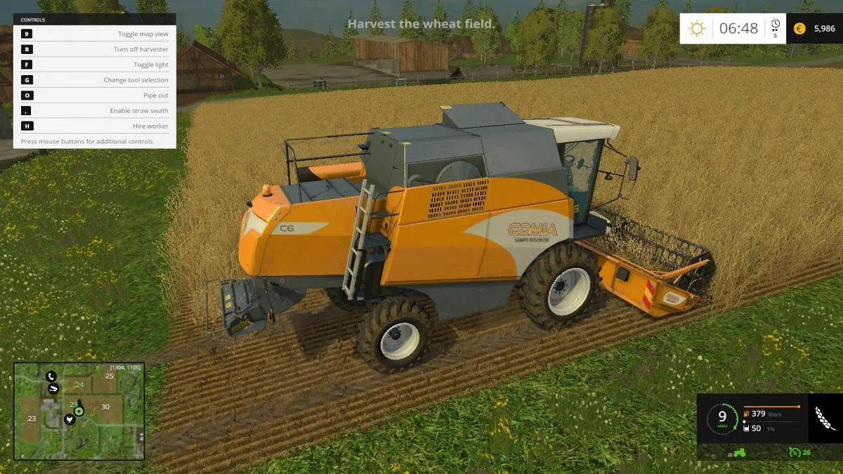 alt text depicting gameplay of Farming Simulator 15 showing harvesting crops