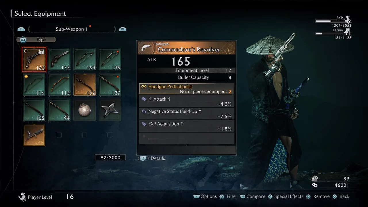 alt text depicting gear or character customization screens. Keywords: Gear, customization, UI, inventory, Rise of the Ronin