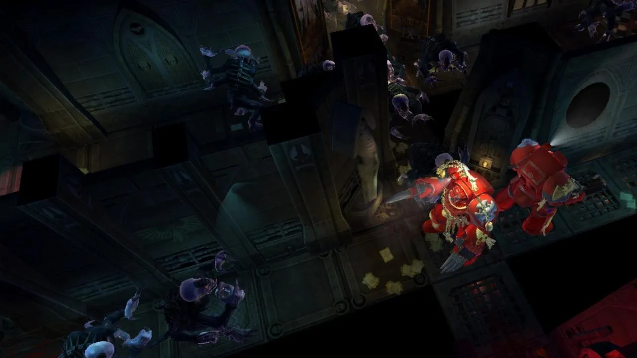 alt text depicting Space Marines navigating the tight corridors of the Space Hulk