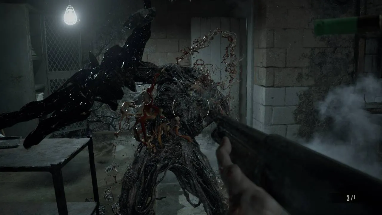 alt text describing first image - Ethan Winters in the Dulvey Haunted House