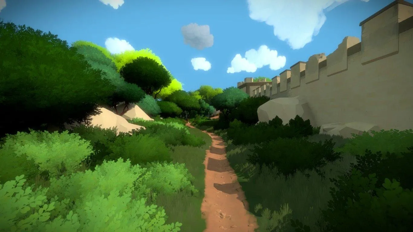 alt text describing image 3: The Witness's vibrant environment showcasing lush vegetation and a distant structure