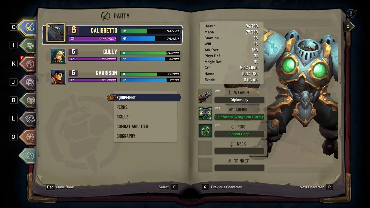 Alt text describing image of character stats and upgrade options