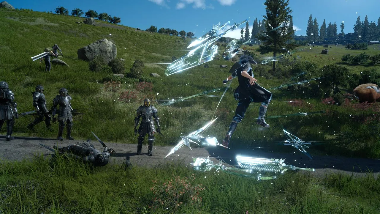 alt text describing image of Final Fantasy XV combat close up