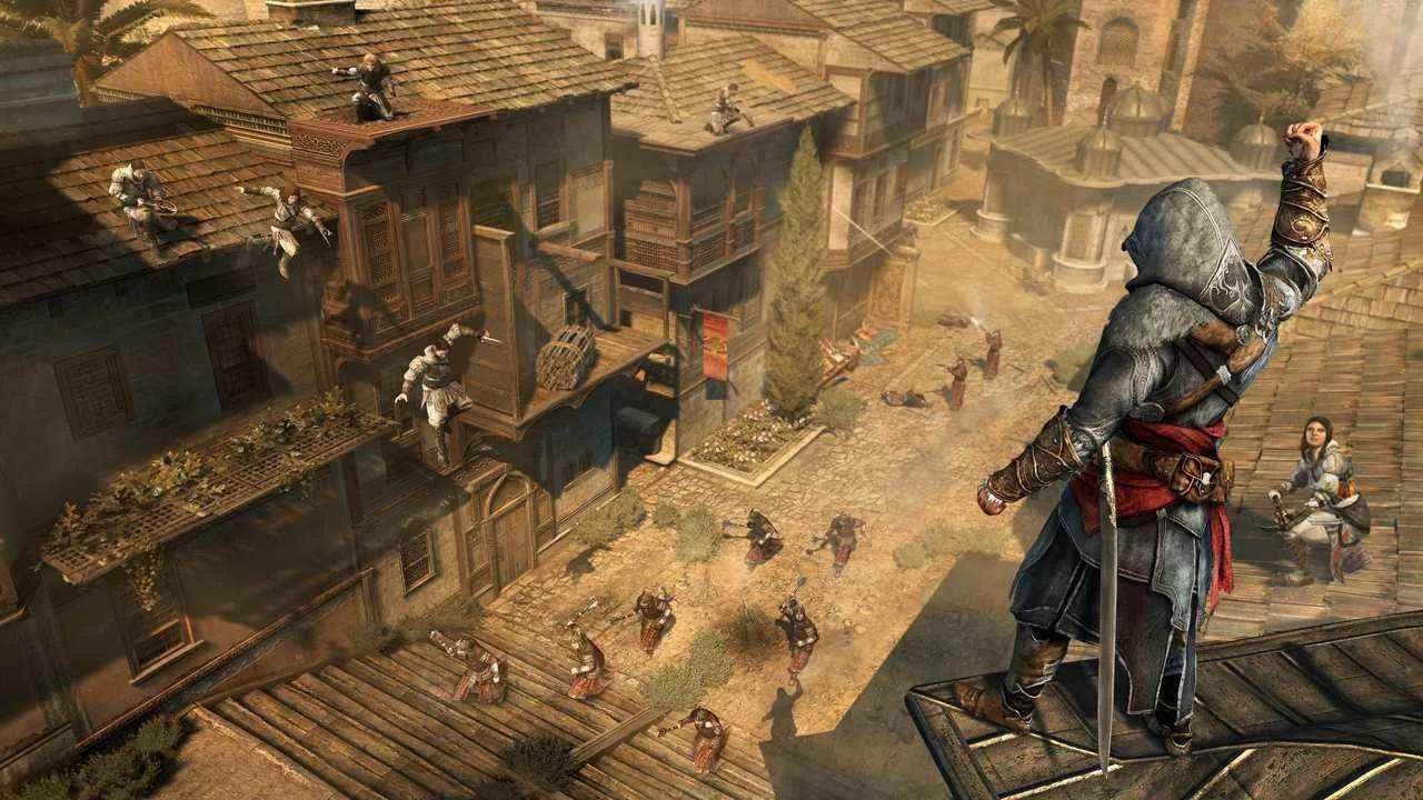alt text describing image of gameplay in Assassin's Creed Revelations focusing on free-running and combat