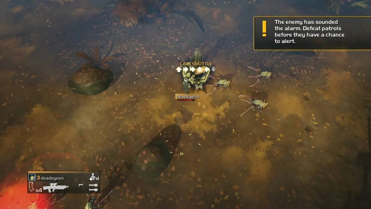 alt text describing image of gameplay showing top down view of soldiers fighting aliens