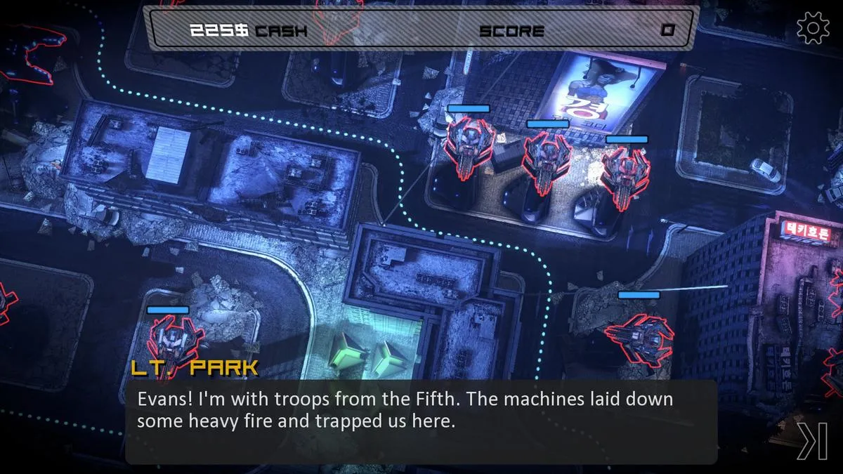 alt text describing image of gameplay showing units moving through the city