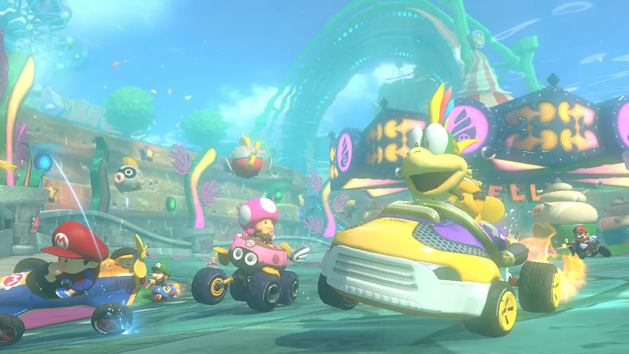 alt text describing image of Mario Kart 8 gameplay, illustrating the game's HD graphics and vibrant colors