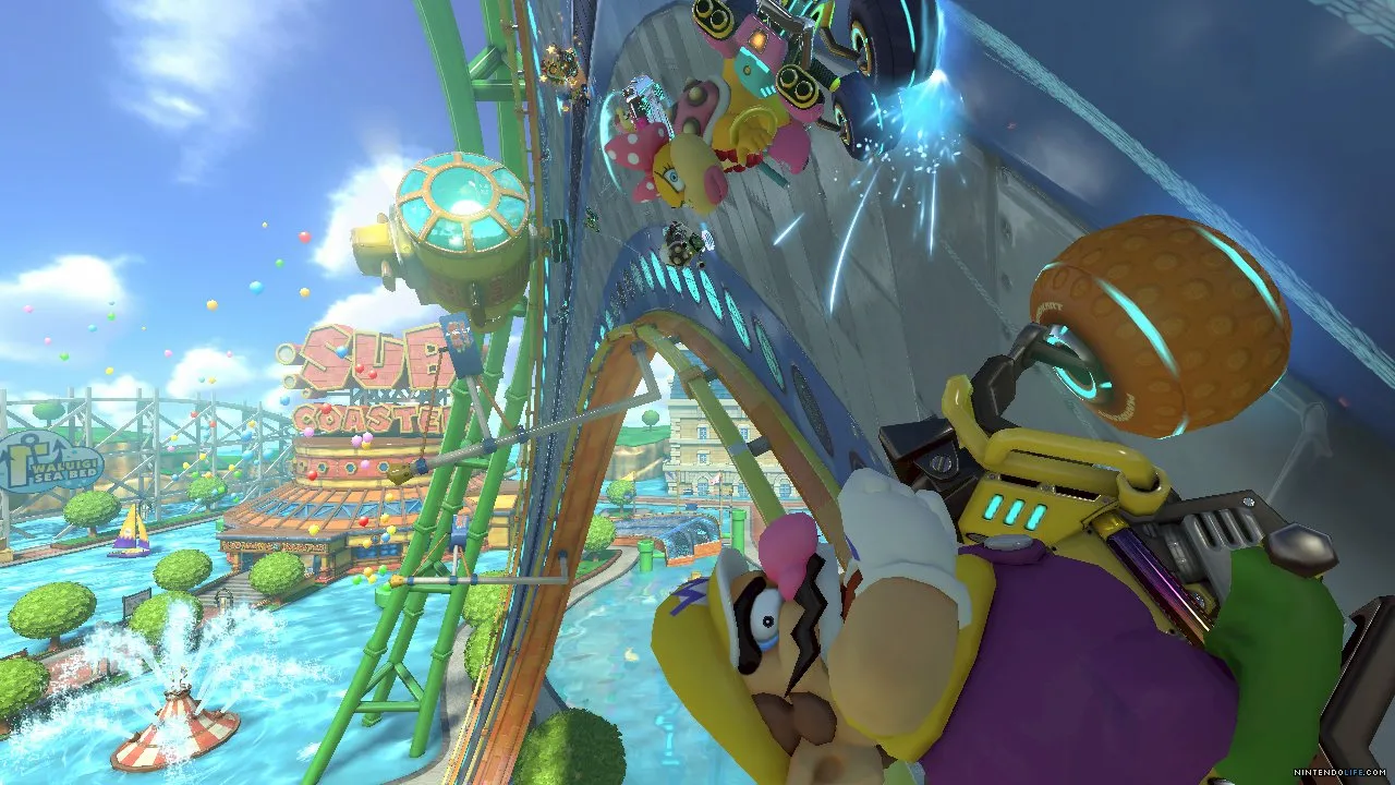 alt text describing image of Mario Kart 8 gameplay showing a chaotic race with multiple items being used