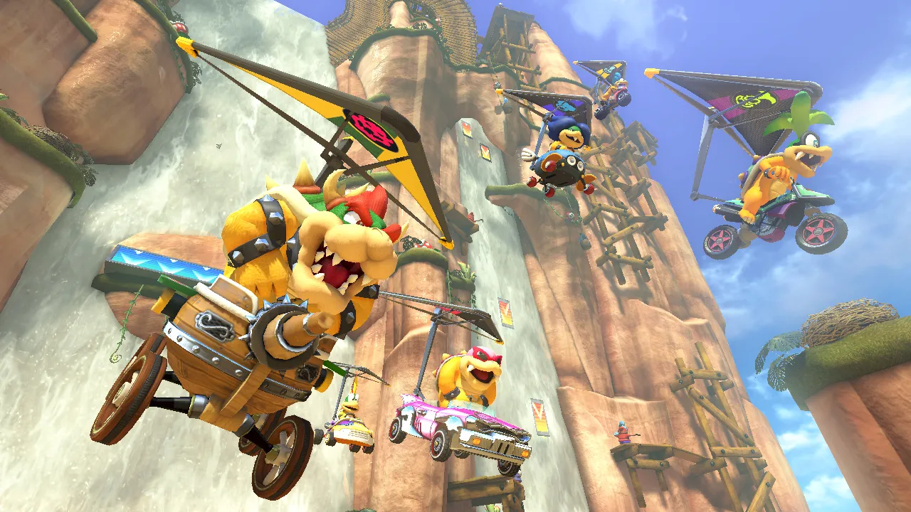 alt text describing image of Mario Kart 8 gameplay showing a close-up of a kart using an item