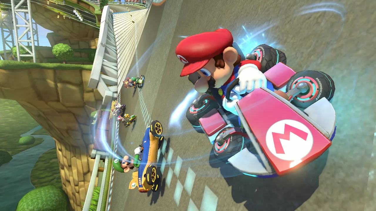 alt text describing image of Mario Kart 8 gameplay, showing anti-gravity racing