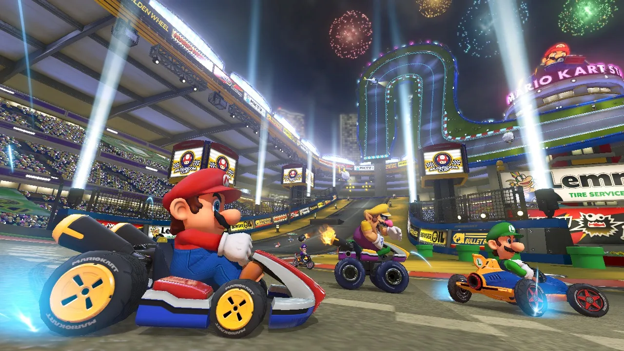 alt text describing image of Mario Kart 8 gameplay showing detailed environments and character models