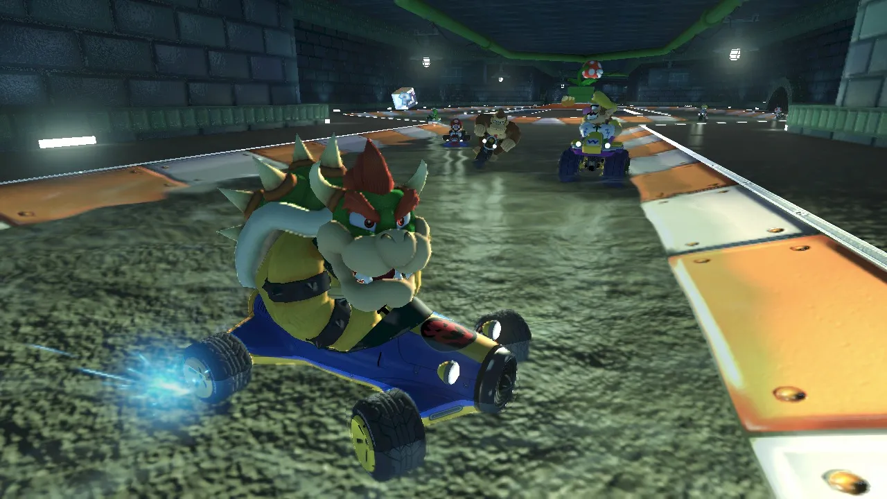 alt text describing image of Mario Kart 8 kart customization menu, displaying stats and parts