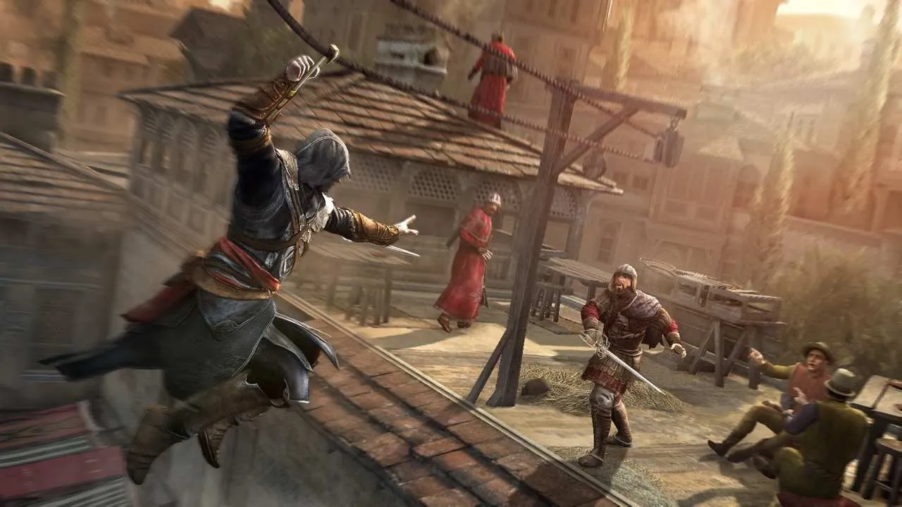 alt text describing image of the hookblade in use during gameplay in Assassin's Creed Revelations