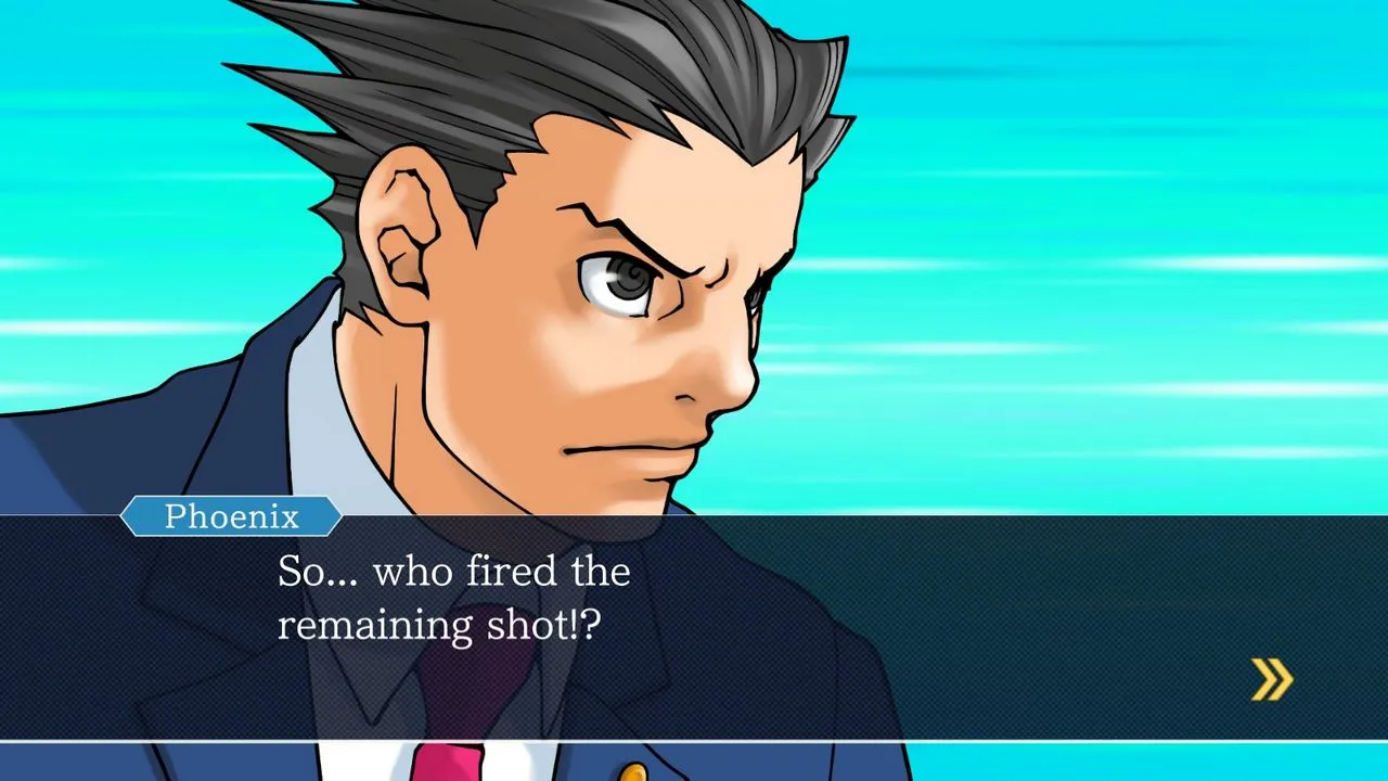 alt text describing image: Phoenix Wright pointing during a courtroom trial