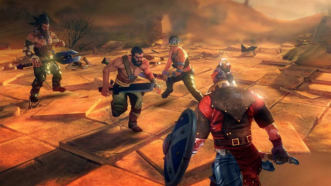 alt text describing image: The player character battling a group of enemies in a dark dungeon environment, showcasing the action combat of Hand of Fate.