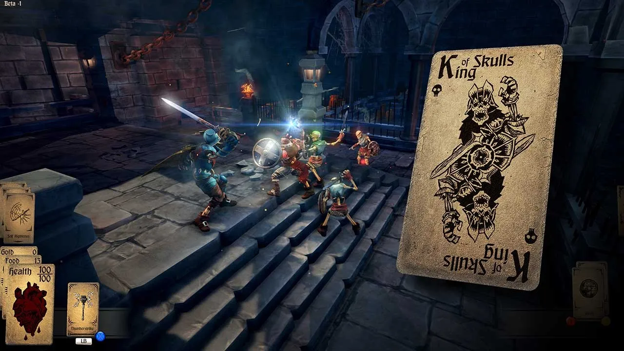 alt text describing image: The player character fighting a large enemy in a forest setting, highlighting the variety of environments in Hand of Fate.