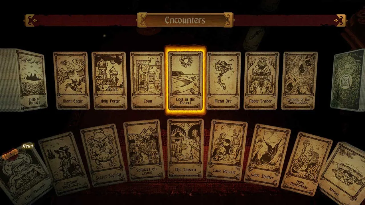 alt text describing image: The player character in Hand of Fate facing the mysterious Dealer across a table filled with cards.