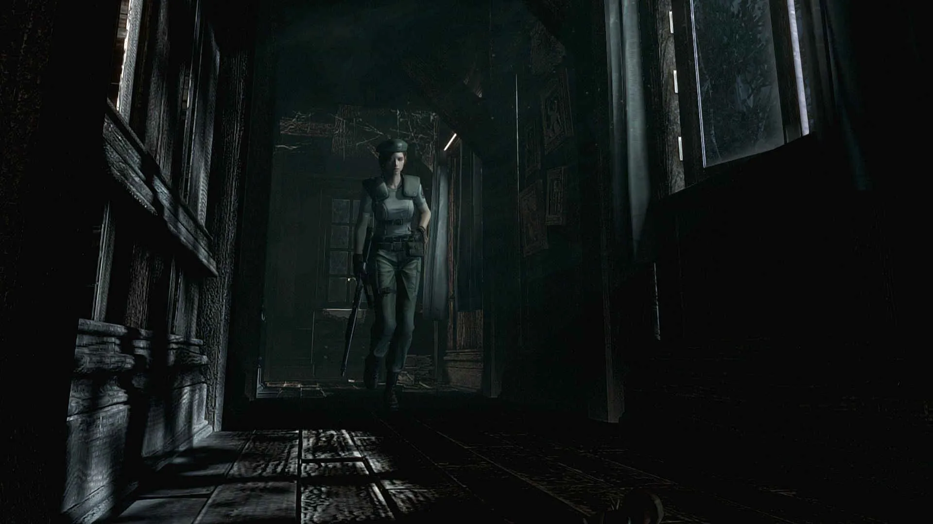 alt text describing Jill Valentine aiming her pistol in a dimly lit hallway of the Spencer Mansion