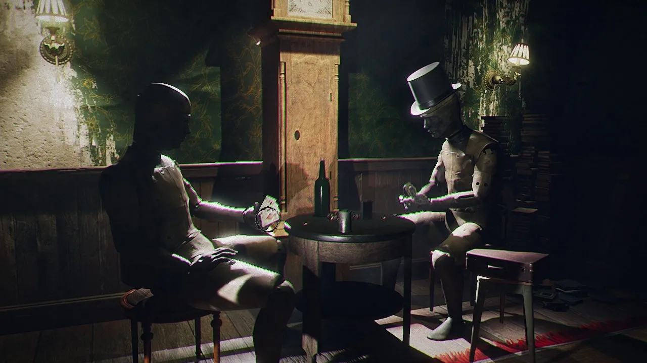 alt text describing the game's visuals of a decaying mansion interior