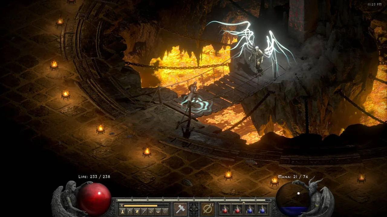 alt text: Diablo II: Resurrected gameplay screenshot highlighting improved lighting and environmental details.