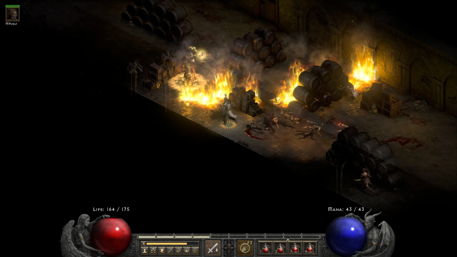 alt text: Diablo II: Resurrected gameplay screenshot showing the Amazon class fighting demons in a dark dungeon