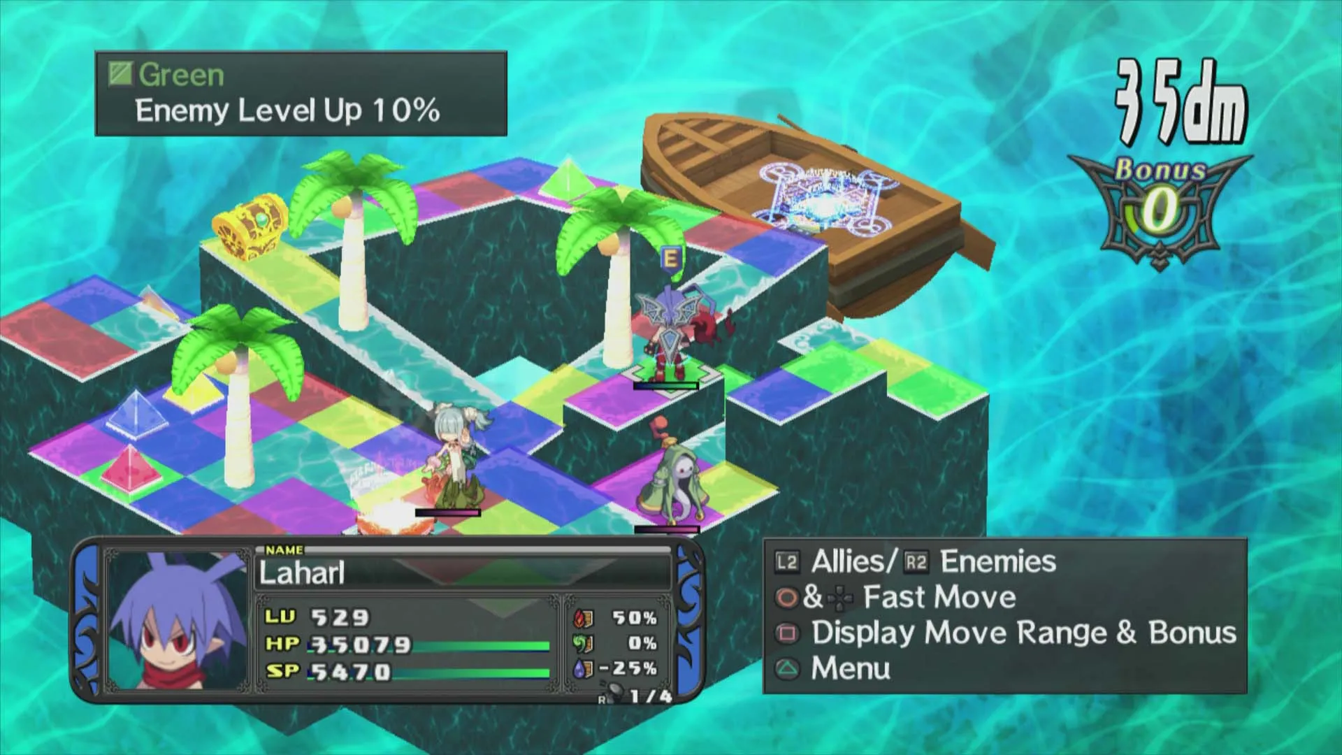 alt text: Disgaea D2 battle scene showing characters engaging in combat on a grid-based map.