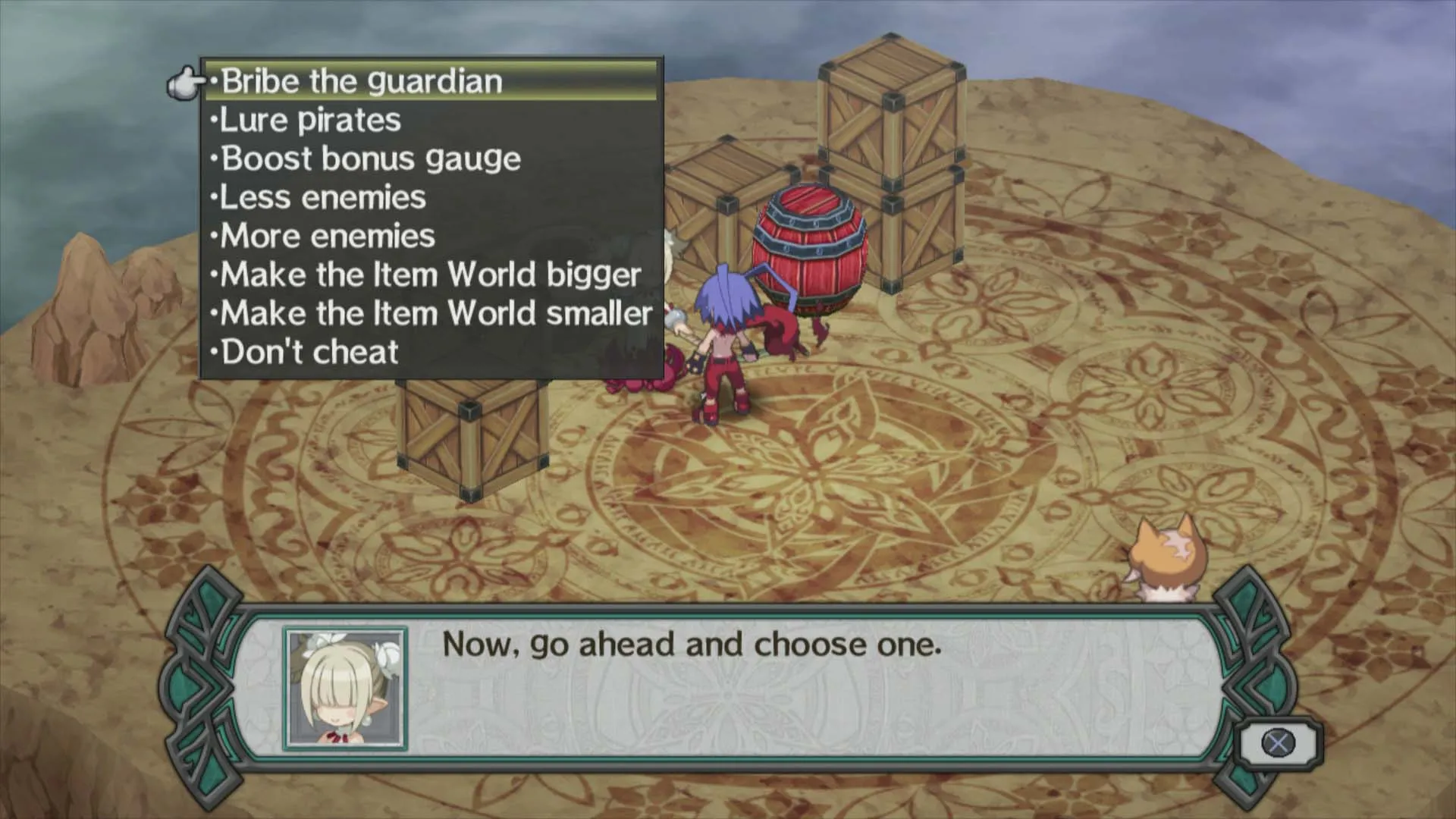 alt text: Disgaea D2 showcasing the game's unique support system and character interactions.